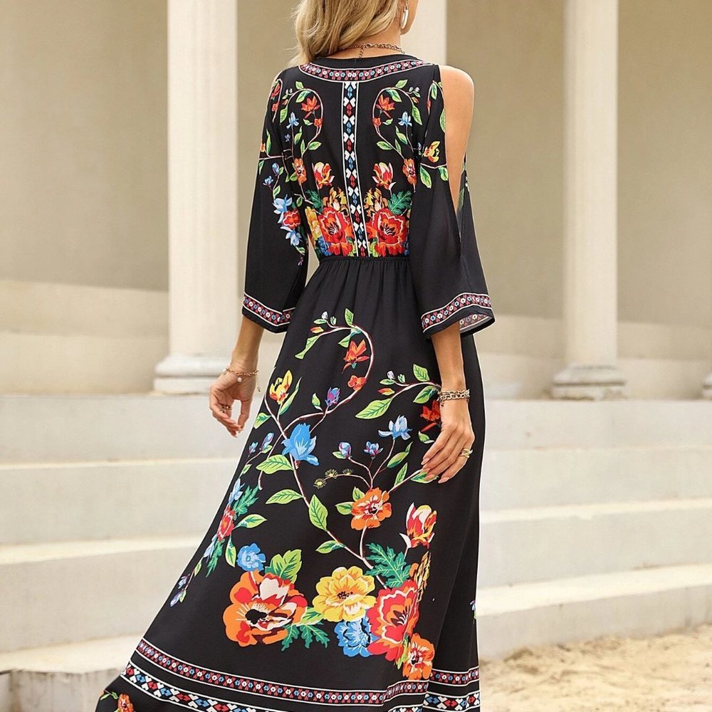 Multicolor Boho Womens Floral Print Cold Shoulder Split Thigh Dress - Picture 2 of 5
